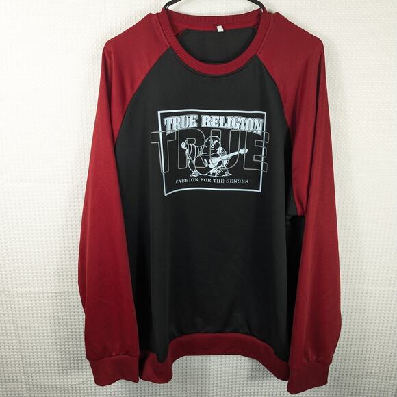 True Religion XL Black Red Raglan Sweatshirt Buddha Logo Crewneck Read Flaw - Picture 1 of 7